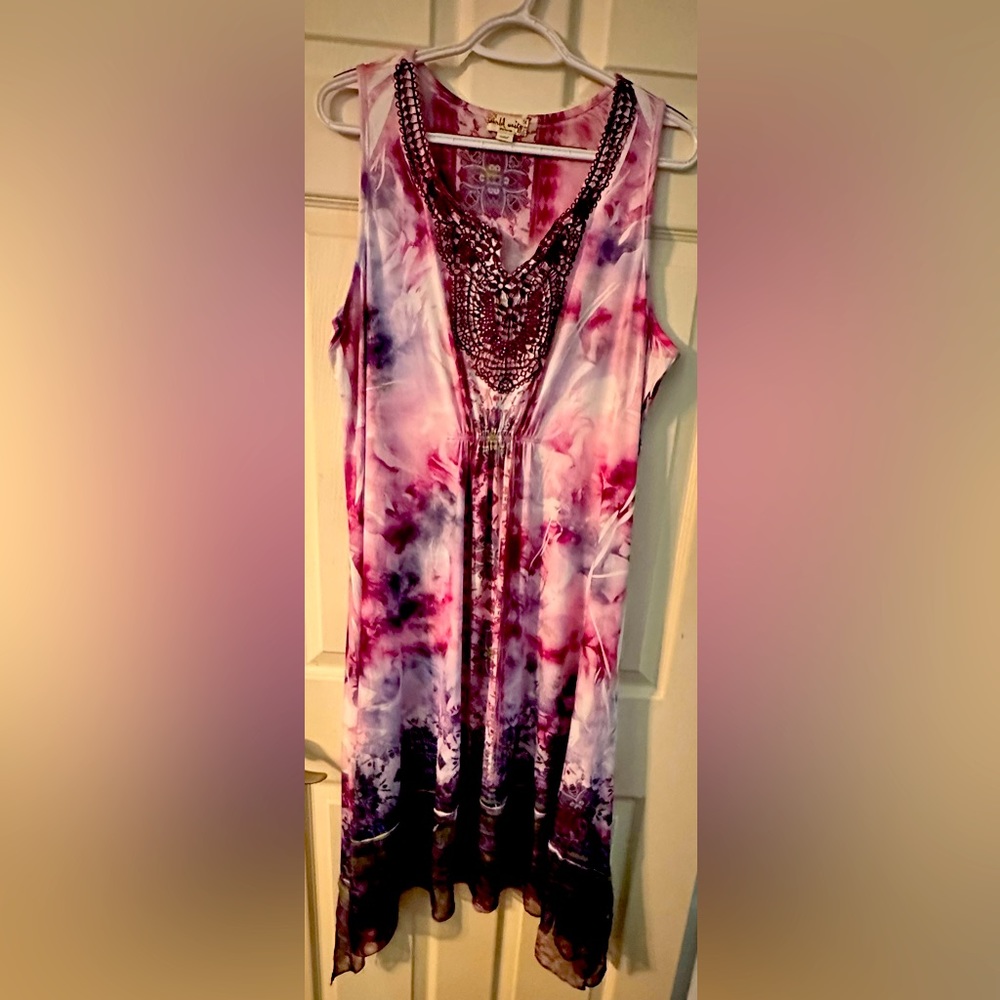 Sleeveless Pink & Purple Tie-Dye Beaded V-Neck Dress